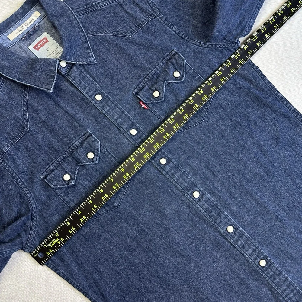 Levis Denim Shirt Modern Fit Sawtooth Pearl Snap Men M Dark Blue Western Rancher